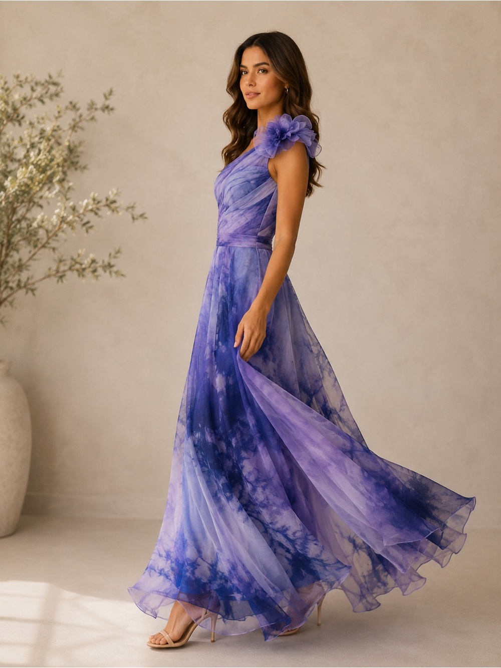 NWT Rene Ruiz Purple Ombre Watercolor Luxury One Shoulder Organza Gown Size 12